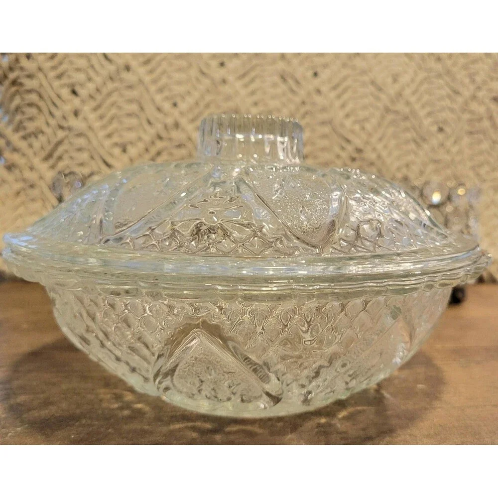 KIG Indonesia Roses in Hearts Pattern Glass Candy Dish with Lid - 1950's